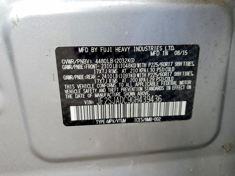 2016 Subaru Forester მანქანა იყიდება აუქციონზე, vin: JF2SJADC9GH439436, აუქციონის ნომერი: 54258596