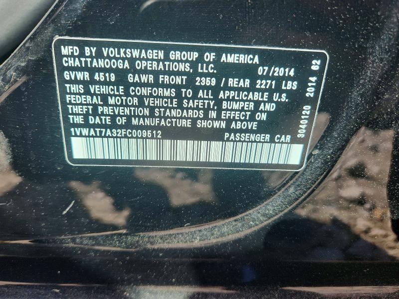 53895556 :رقم المزاد ، 1VWAT7A32FC009512 vin ، 2015 Volkswagen Passat مزاد بيع