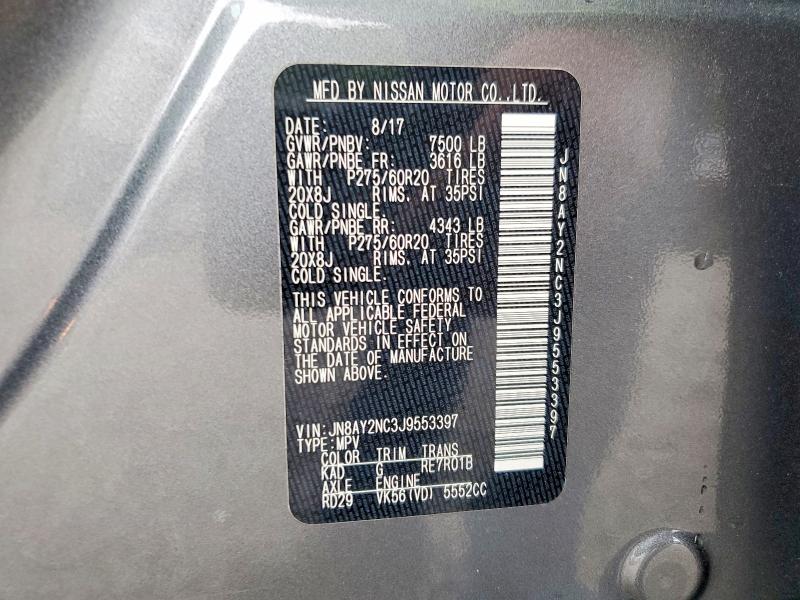 2018 Nissan Armada მანქანა იყიდება აუქციონზე, vin: JN8AY2NC3J9553397, აუქციონის ნომერი: 53623596