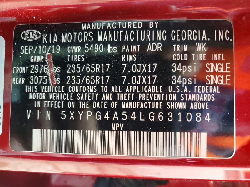 55270346 :رقم المزاد ، 5XYPG4A54LG631084 vin ، 2020 Kia Sorento مزاد بيع