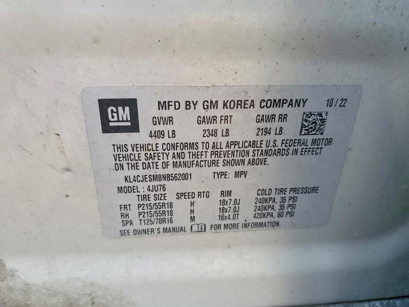 2022 Buick Encore მანქანა იყიდება აუქციონზე, vin: KL4CJESM8NB562001, აუქციონის ნომერი: 52699326