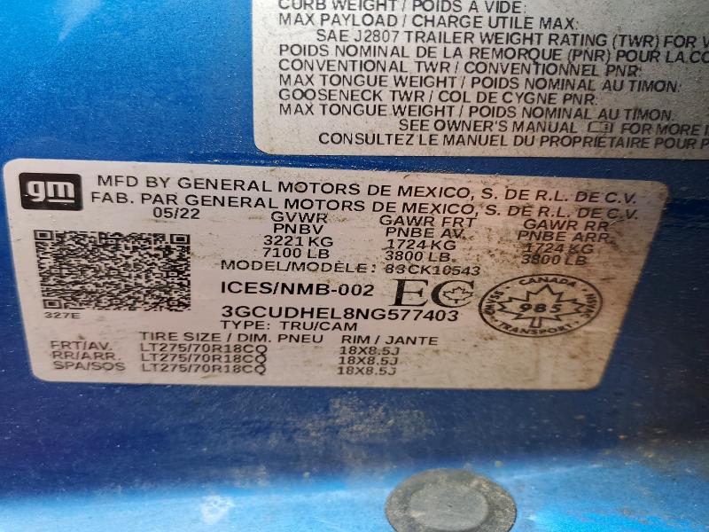 Продаж на аукціоні авто 2022 Chevrolet Silverado, vin: 3GCUDHEL8NG577403, номер лоту: 52540076