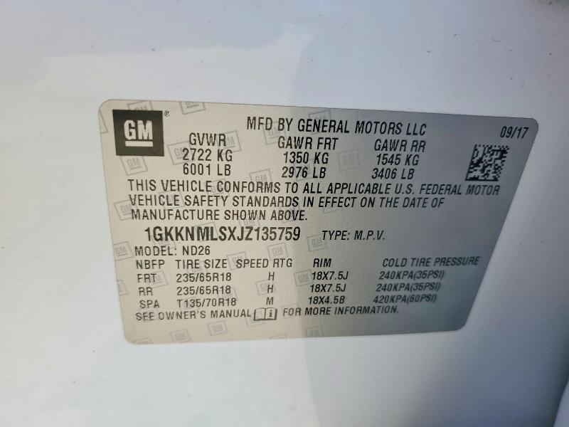2018 Gmc Acadia მანქანა იყიდება აუქციონზე, vin: 1GKKNMLSXJZ135759, აუქციონის ნომერი: 52153056