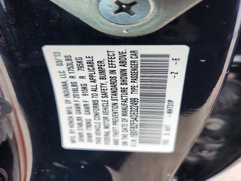 2013 Honda Civic მანქანა იყიდება აუქციონზე, vin: 19XFB2F54DE022499, აუქციონის ნომერი: 54150626