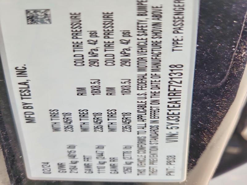 Продажа на аукционе авто 2024 Tesla Model 3, vin: 5YJ3E1EA1RF721318, номер лота: 54908446