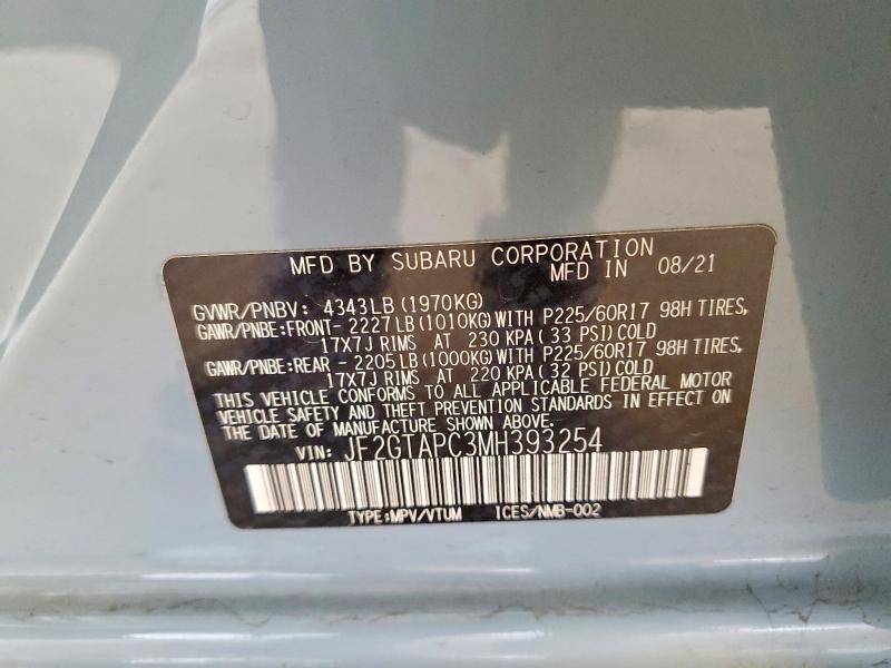 55436576 :رقم المزاد ، JF2GTAPC3MH393254 vin ، 2021 Subaru Crosstrek مزاد بيع