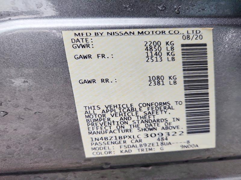 2020 Nissan Leaf მანქანა იყიდება აუქციონზე, vin: 1N4BZ1BPXLC309322, აუქციონის ნომერი: 52679776