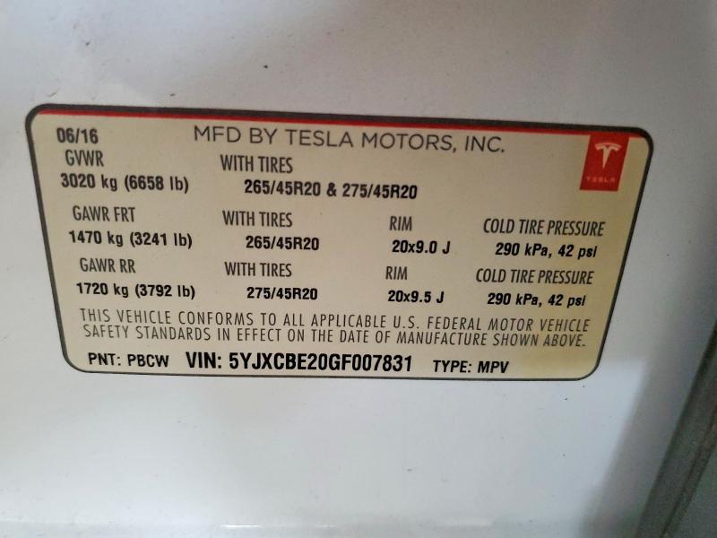 Aukcja sprzedaży 2016 Tesla Model X, vin: 5YJXCBE20GF007831, numer aukcji: 51834406