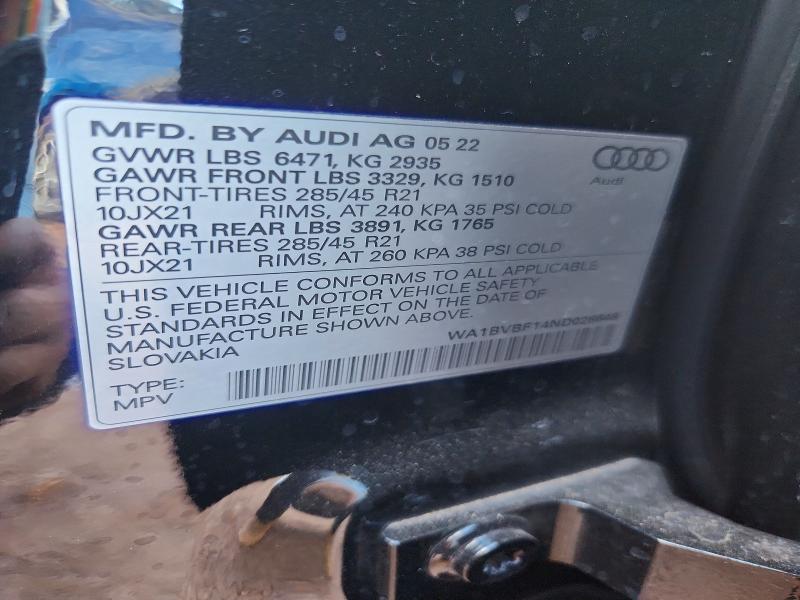2022 Audi Q8 მანქანა იყიდება აუქციონზე, vin: WA1BVBF14ND026648, აუქციონის ნომერი: 53126996