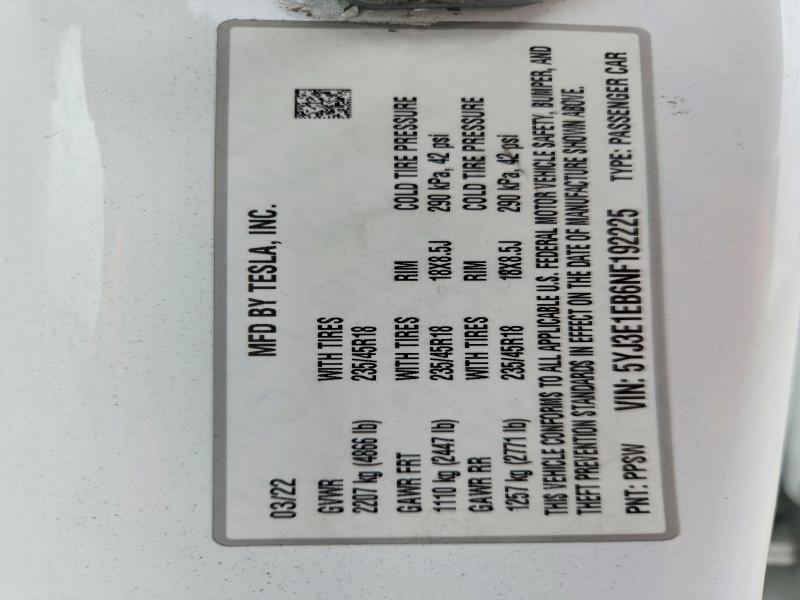Aukcja sprzedaży 2022 Tesla Model 3, vin: 5YJ3E1EB6NF192225, numer aukcji: 52419886