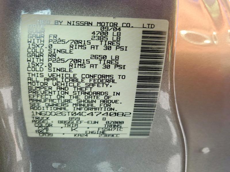 2004 Nissan Frontier მანქანა იყიდება აუქციონზე, vin: 1N6DD26T04C474082, აუქციონის ნომერი: 54826556