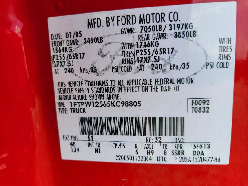 Aukcja sprzedaży 2005 Ford F150, vin: 1FTPW12565KC98805, numer aukcji: 55387096