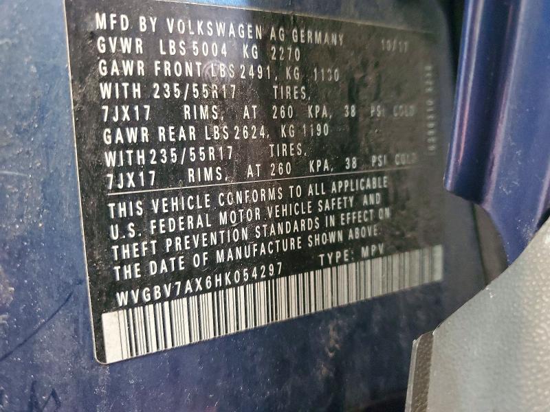 54239946 :رقم المزاد ، WVGBV7AX6HK054297 vin ، 2017 Volkswagen Tiguan مزاد بيع