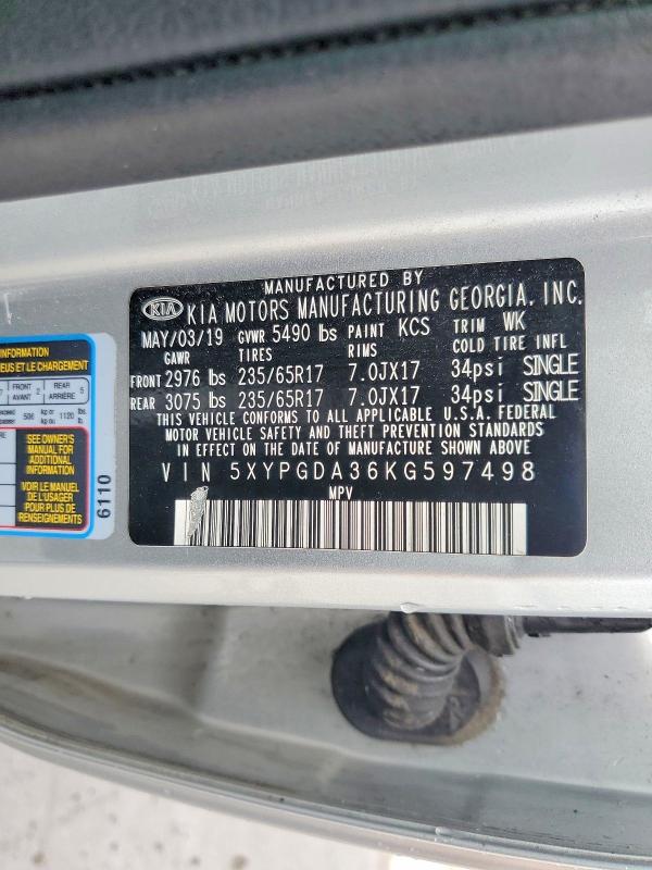 54449826 :رقم المزاد ، 5XYPGDA36KG597498 vin ، 2019 Kia Sorento مزاد بيع