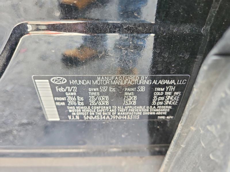 2022 Hyundai Santa Fe მანქანა იყიდება აუქციონზე, vin: 5NMS34AJ9NH433113, აუქციონის ნომერი: 54687446