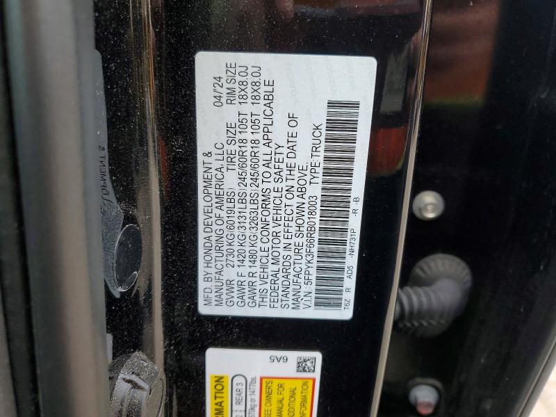 2024 Honda Ridgeline მანქანა იყიდება აუქციონზე, vin: 5FPYK3F66RB018003, აუქციონის ნომერი: 53335366