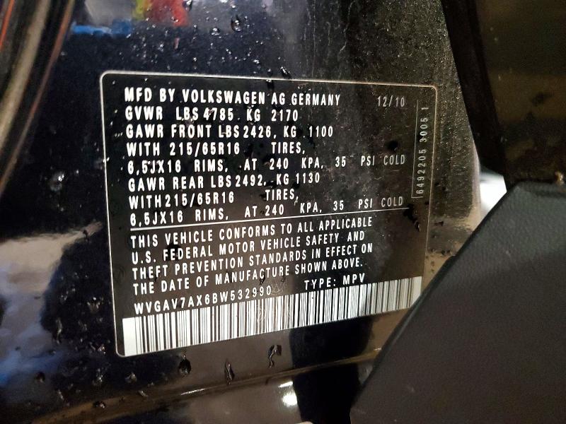 2011 Volkswagen Tiguan მანქანა იყიდება აუქციონზე, vin: WVGAV7AX6BW532990, აუქციონის ნომერი: 55029526