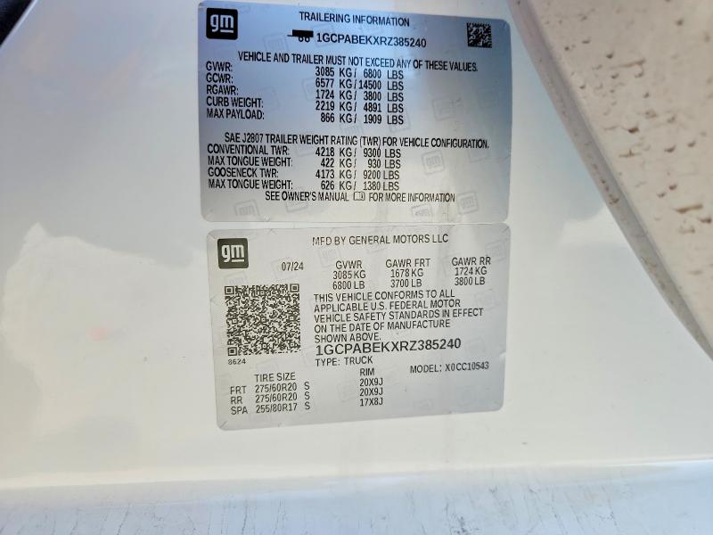 2024 Chevrolet Silverado მანქანა იყიდება აუქციონზე, vin: 1GCPABEKXRZ385240, აუქციონის ნომერი: 54733776