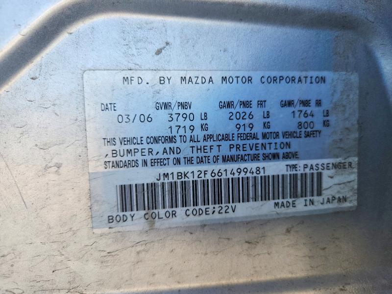 Aukcja sprzedaży 2006 Mazda 3, vin: JM1BK12F661499481, numer aukcji: 52912606
