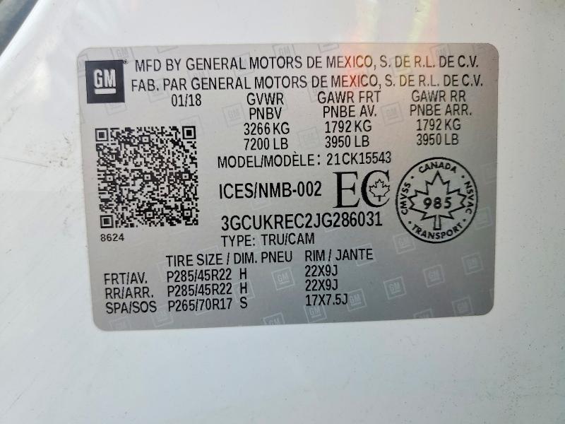 53053936 :رقم المزاد ، 3GCUKREC2JG286031 vin ، 2018 Chevrolet Silverado مزاد بيع