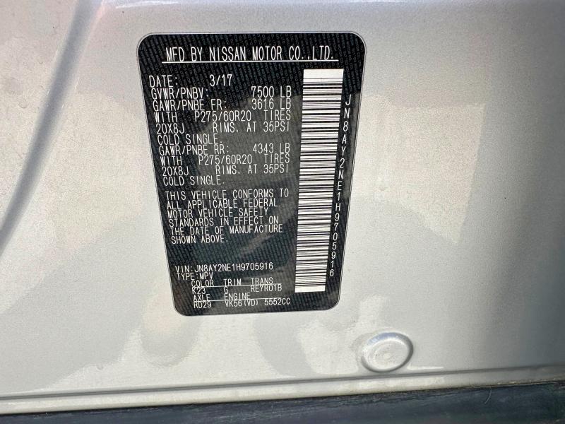 Aukcja sprzedaży 2017 Nissan Armada, vin: JN8AY2NE1H9705916, numer aukcji: 50952826