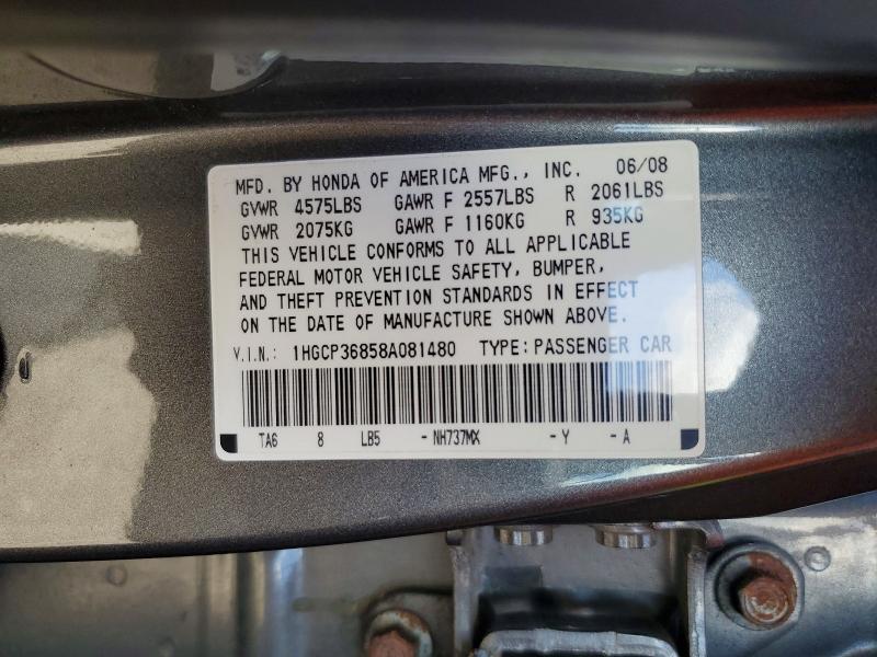 Продаж на аукціоні авто 2008 Honda Accord, vin: 1HGCP36858A081480, номер лоту: 53365226