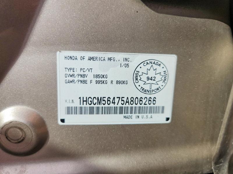 Продажа на аукционе авто 2005 Honda Accord, vin: 1HGCM56475A806266, номер лота: 54968826