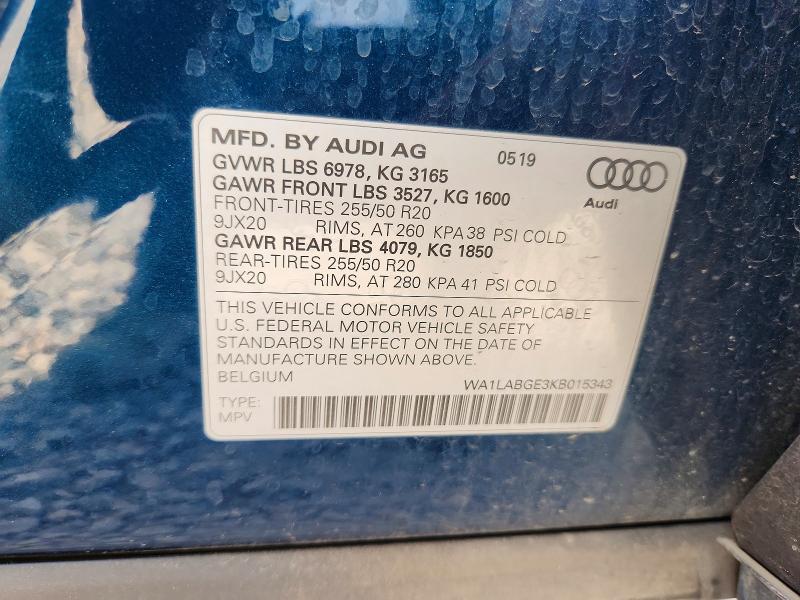 Aukcja sprzedaży 2019 Audi E-tron, vin: WA1LABGE3KB015343, numer aukcji: 53189236