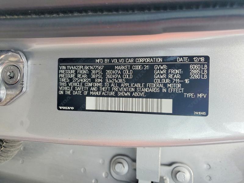 Продаж на аукціоні авто 2019 Volvo Xc90, vin: YV4A22PL6K1477567, номер лоту: 55008776