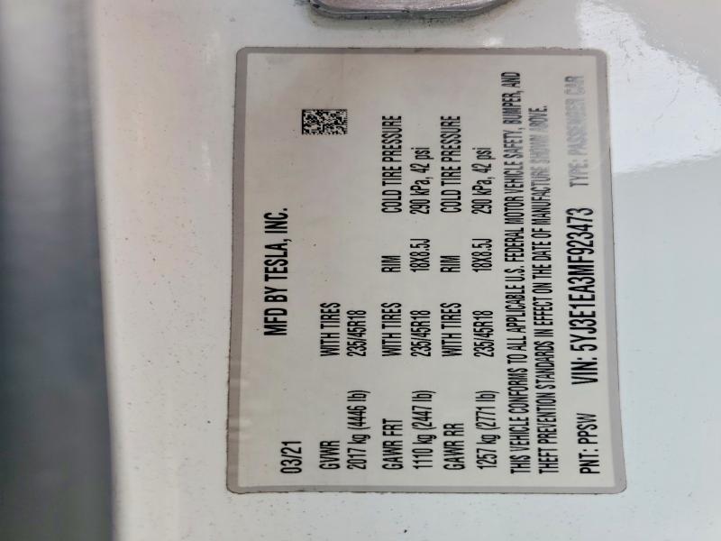 Продажа на аукционе авто 2021 Tesla Model 3, vin: 5YJ3E1EA3MF923473, номер лота: 52751336