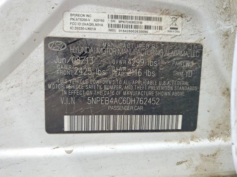 54152596 :رقم المزاد ، 5NPEB4AC6DH762452 vin ، 2013 Hyundai Sonata مزاد بيع