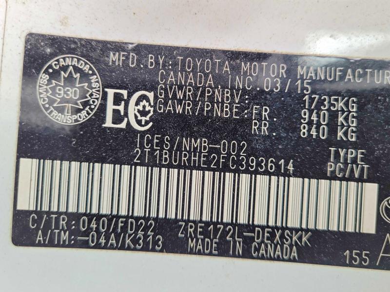 Продаж на аукціоні авто 2015 Toyota Corolla, vin: 2T1BURHE2FC393614, номер лоту: 53967756