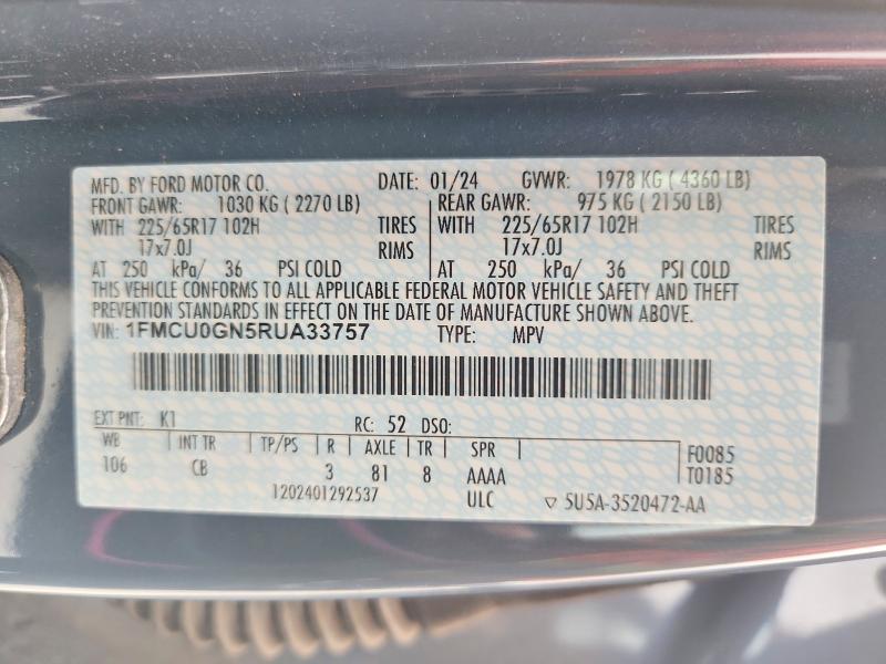 2024 Ford Escape მანქანა იყიდება აუქციონზე, vin: 1FMCU0GN5RUA33757, აუქციონის ნომერი: 53747156