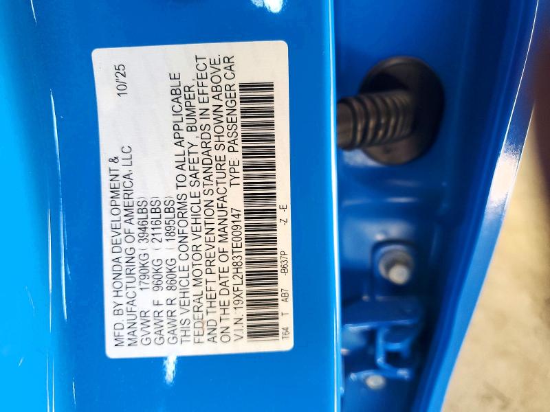 Продаж на аукціоні авто 2026 Honda Civic, vin: 19XFL2H83TE009147, номер лоту: 53252406