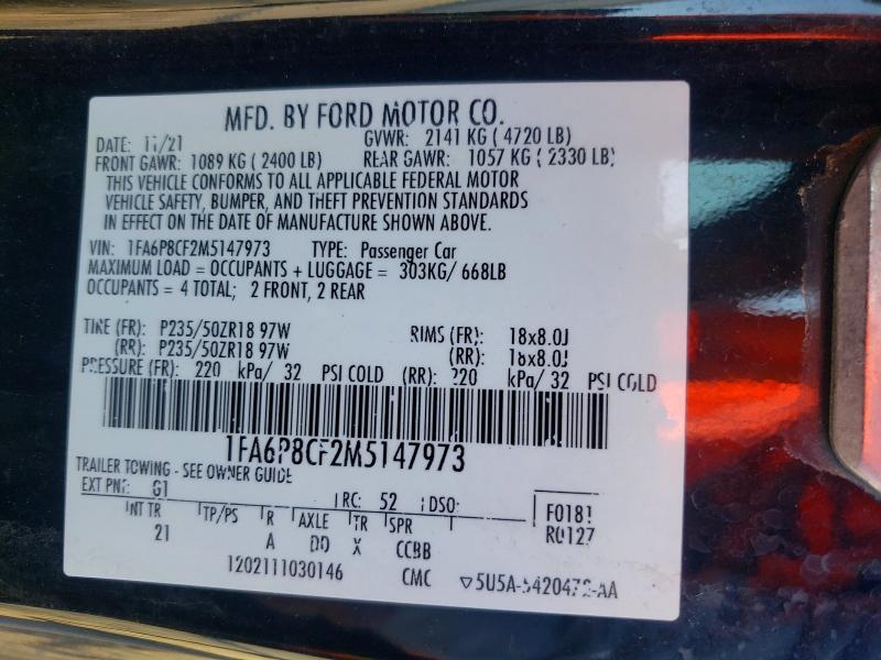 2021 Ford Mustang მანქანა იყიდება აუქციონზე, vin: 1FA6P8CF2M5147973, აუქციონის ნომერი: 53442986