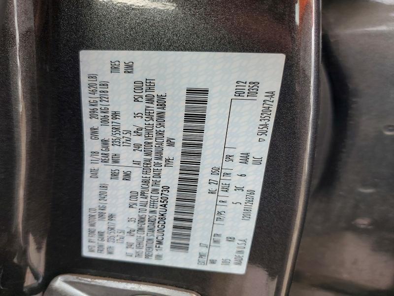 55091256 :رقم المزاد ، 1FMCU0GD8KUA50730 vin ، 2019 Ford Escape مزاد بيع