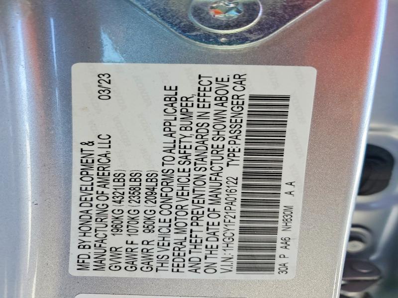 2023 Honda Accord მანქანა იყიდება აუქციონზე, vin: 1HGCY1F21PA016122, აუქციონის ნომერი: 53617056