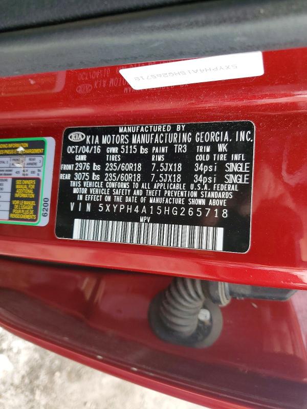 2017 Kia Sorento მანქანა იყიდება აუქციონზე, vin: 5XYPH4A15HG265718, აუქციონის ნომერი: 53008296
