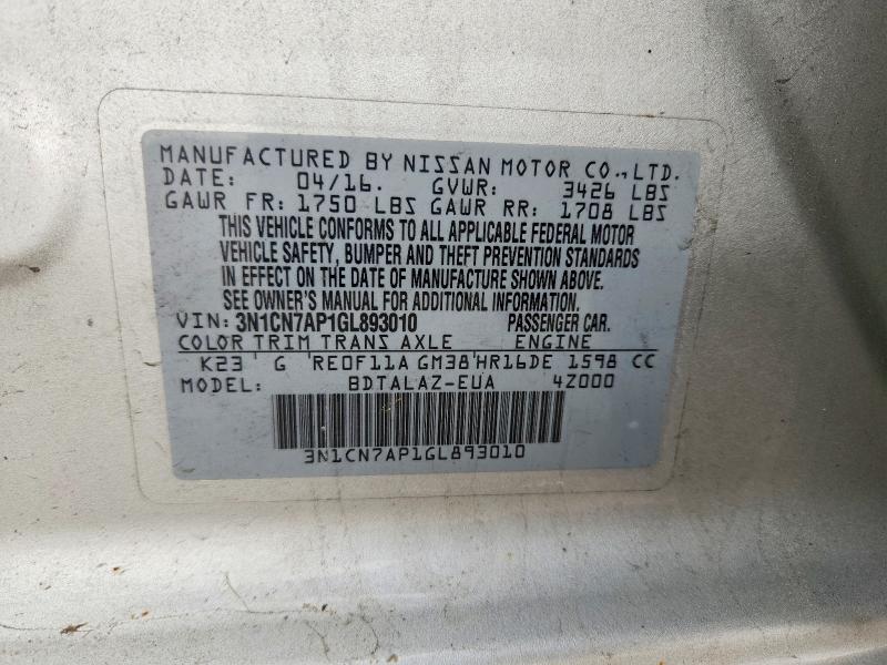 52685506 :رقم المزاد ، 3N1CN7AP1GL893010 vin ، 2016 Nissan Versa مزاد بيع