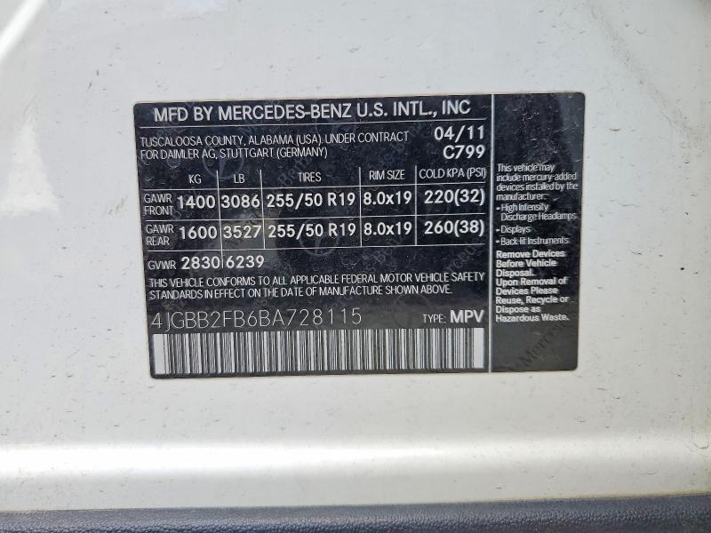 Aukcja sprzedaży 2011 Mercedes-benz Ml, vin: 4JGBB2FB6BA728115, numer aukcji: 54126886