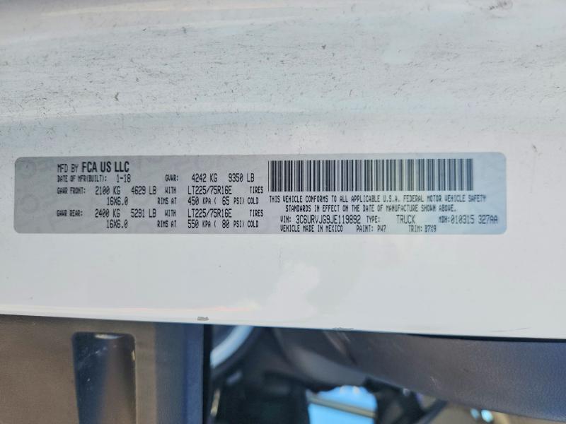 2018 Ram Promaster 3500 მანქანა იყიდება აუქციონზე, vin: 3C6URVJG9JE119892, აუქციონის ნომერი: 53437876