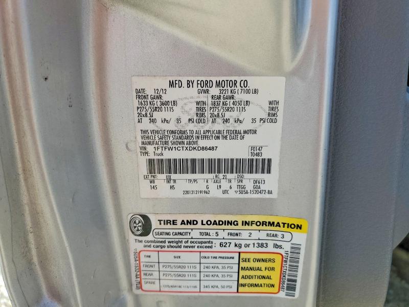 2013 Ford F150 მანქანა იყიდება აუქციონზე, vin: 1FTFW1CTXDKD86487, აუქციონის ნომერი: 52815866