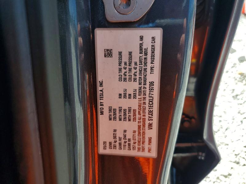 2020 Tesla Model 3 მანქანა იყიდება აუქციონზე, vin: 5YJ3E1ECXLF719706, აუქციონის ნომერი: 54948046