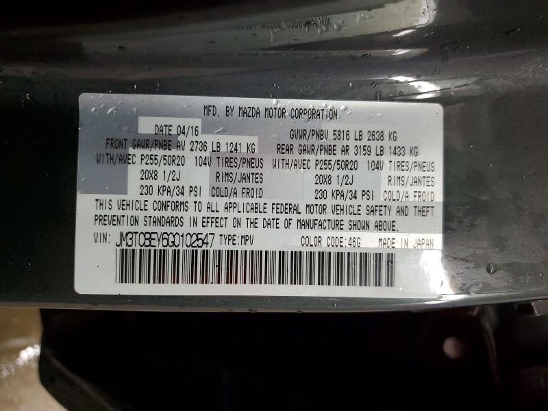 Aukcja sprzedaży 2016 Mazda Cx-9, vin: JM3TCBEY6G0102547, numer aukcji: 53704666