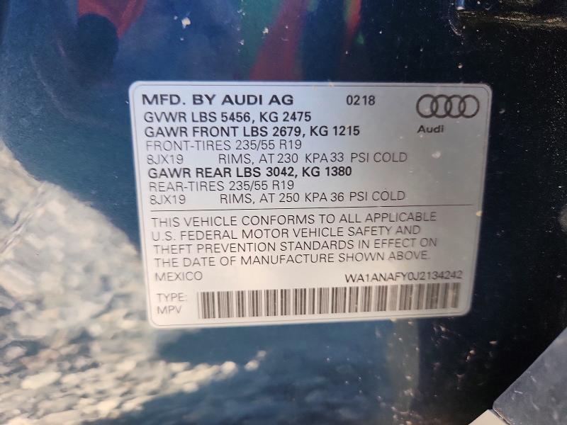 51870916 :رقم المزاد ، WA1ANAFY0J2134242 vin ، 2018 Audi Q5 مزاد بيع