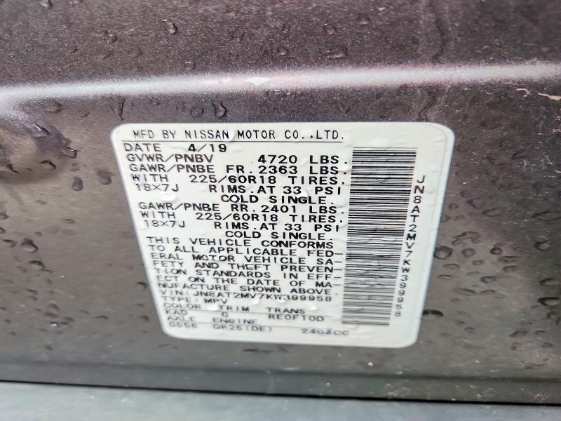 2019 Nissan Rogue მანქანა იყიდება აუქციონზე, vin: JN8AT2MV7KW399958, აუქციონის ნომერი: 52327156