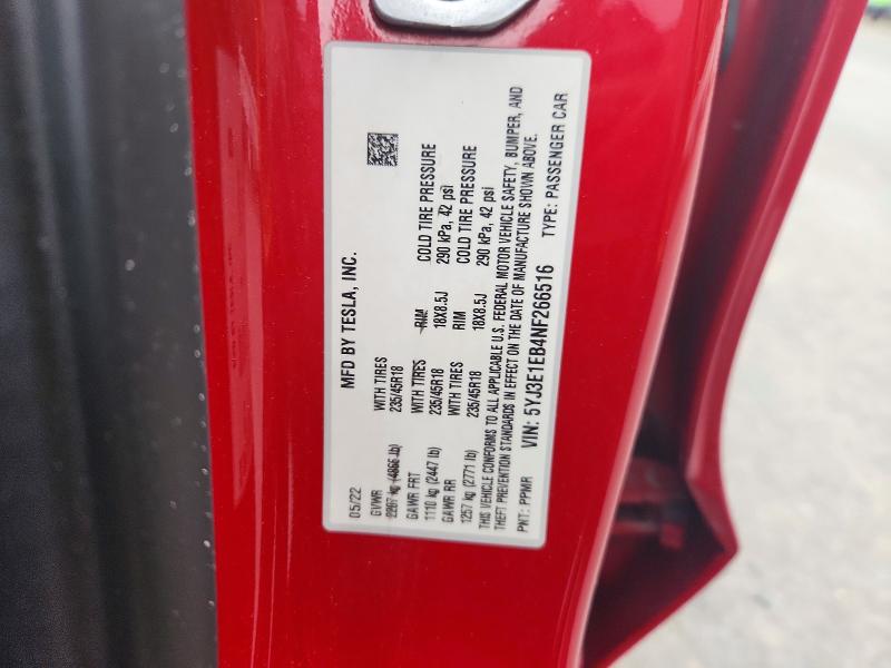 Продажа на аукционе авто 2022 Tesla Model 3, vin: 5YJ3E1EB4NF266516, номер лота: 54230686