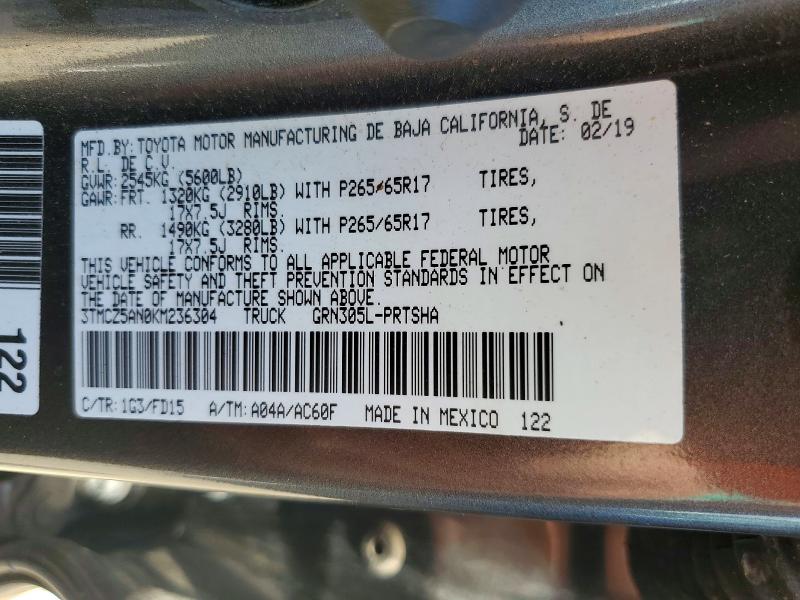Продажа на аукционе авто 2019 Toyota Tacoma, vin: 3TMCZ5AN0KM236304, номер лота: 54835296