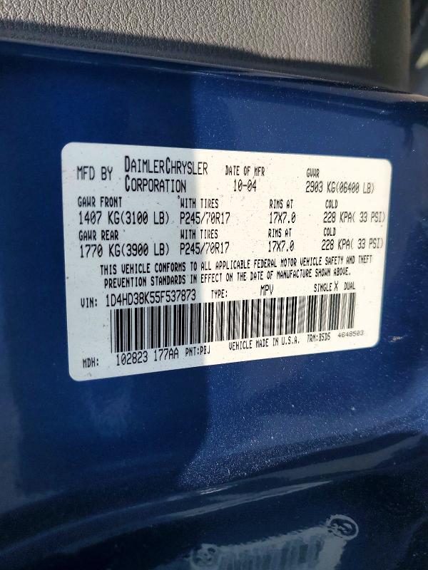 2005 Dodge Durango მანქანა იყიდება აუქციონზე, vin: 1D4HD38K55F537873, აუქციონის ნომერი: 53822816