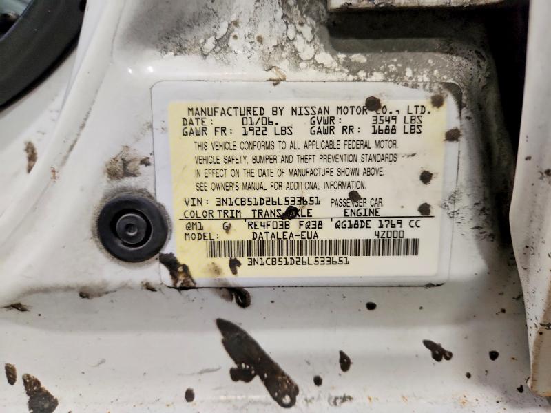 Aukcja sprzedaży 2006 Nissan Sentra, vin: 3N1CB51D26L533651, numer aukcji: 52390766
